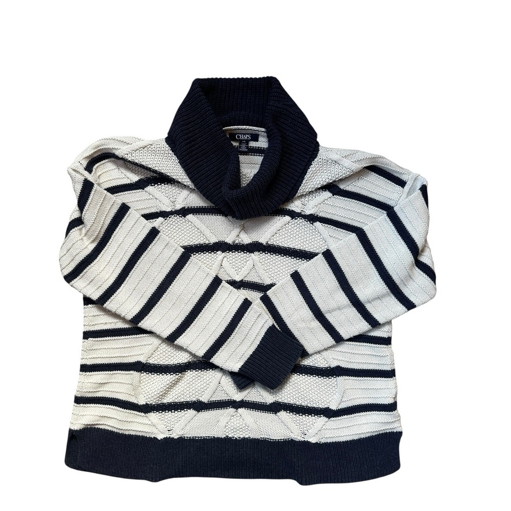 Chaps Navy And Cream Striped‎ Cableknit Turtleneck Sweater Large